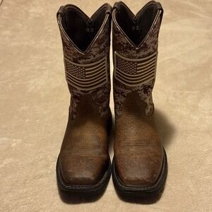 Ariat Work Boots Steel Toe MEN'S 10.5 D Workhog Patriot BROWN Camo Flag LEATHER